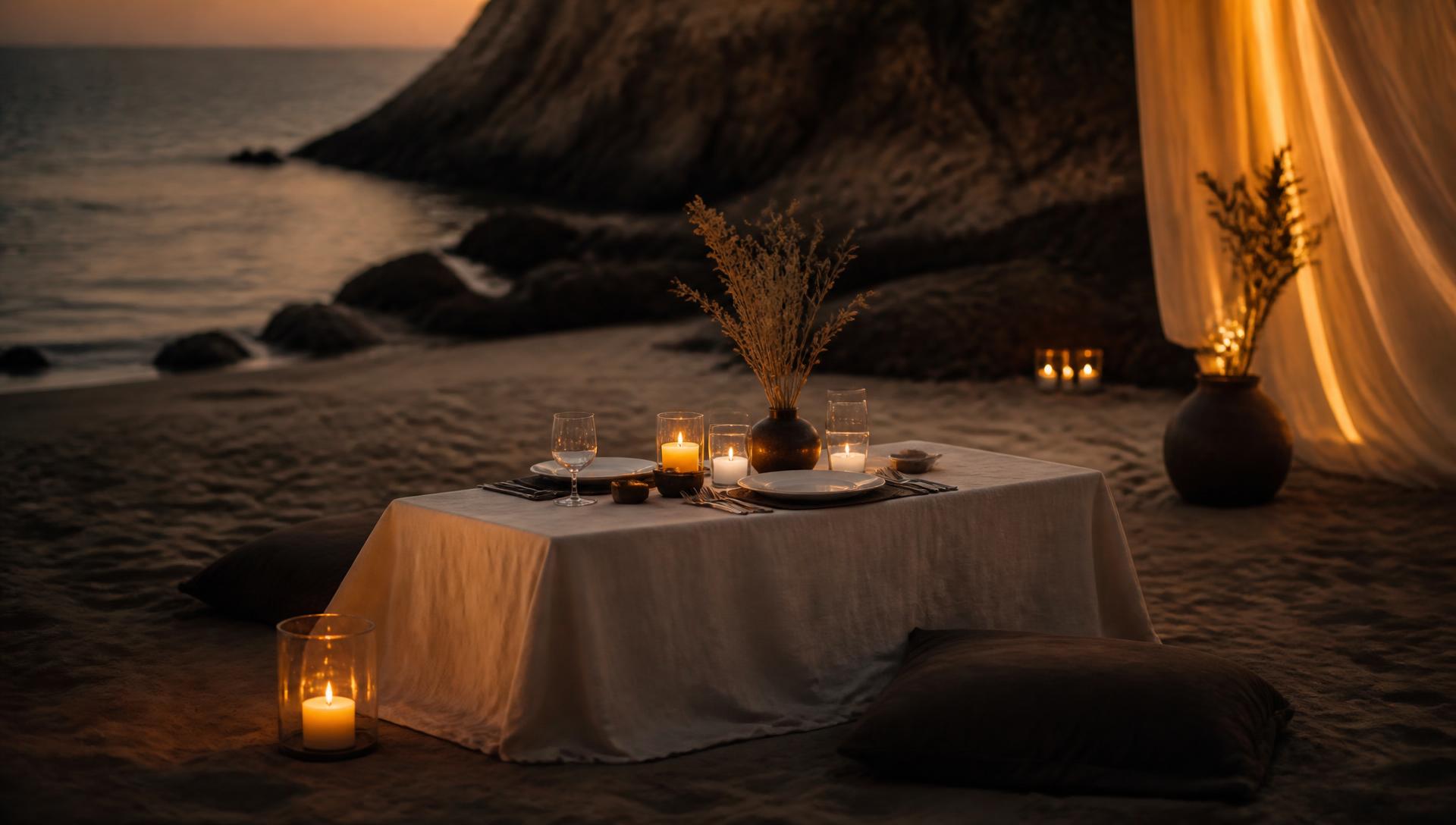 private dinner table set on sand under warm low lighting at dusk
