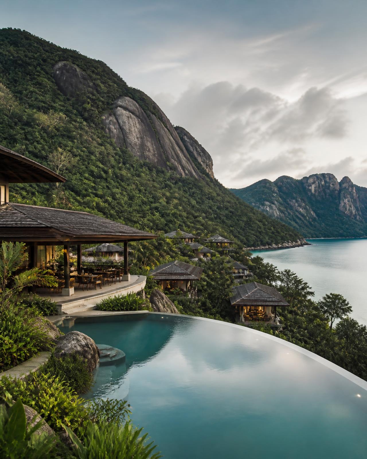 expansive resort between granite hills and a calm bay
