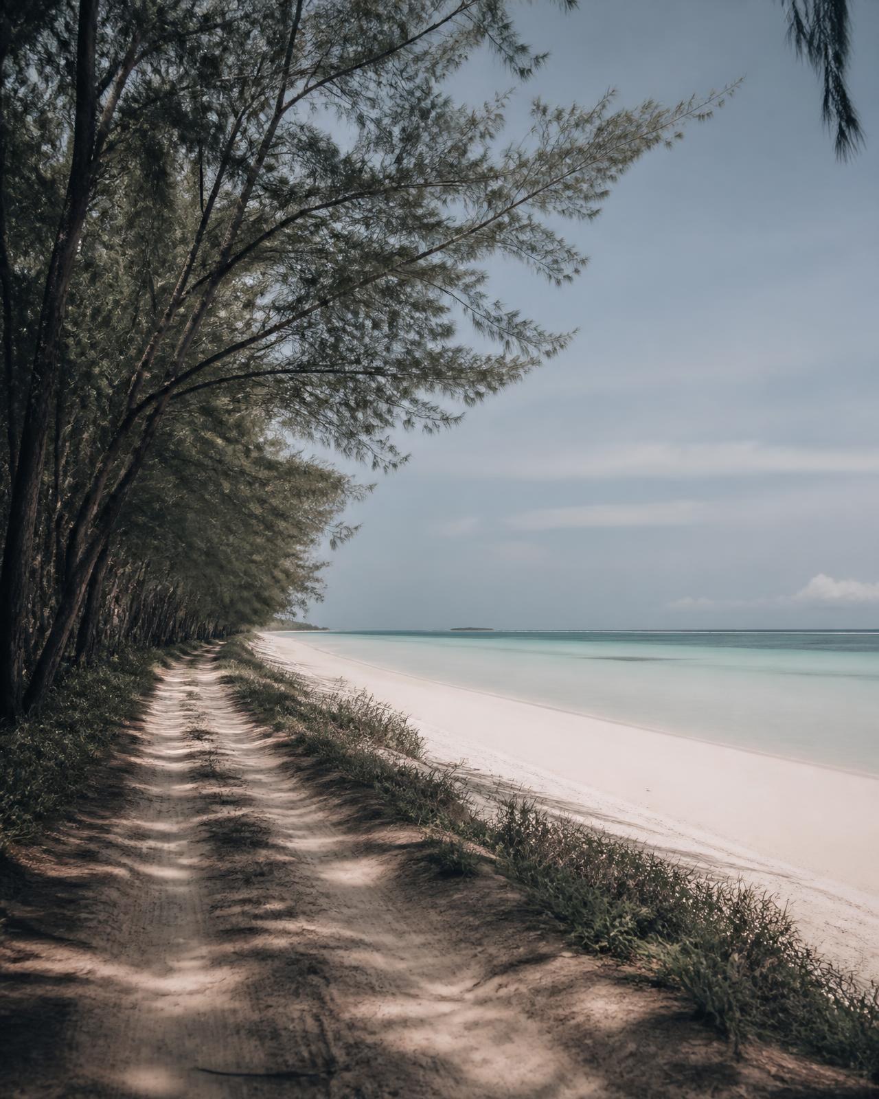 empty sand track and lagoon on a remote private island