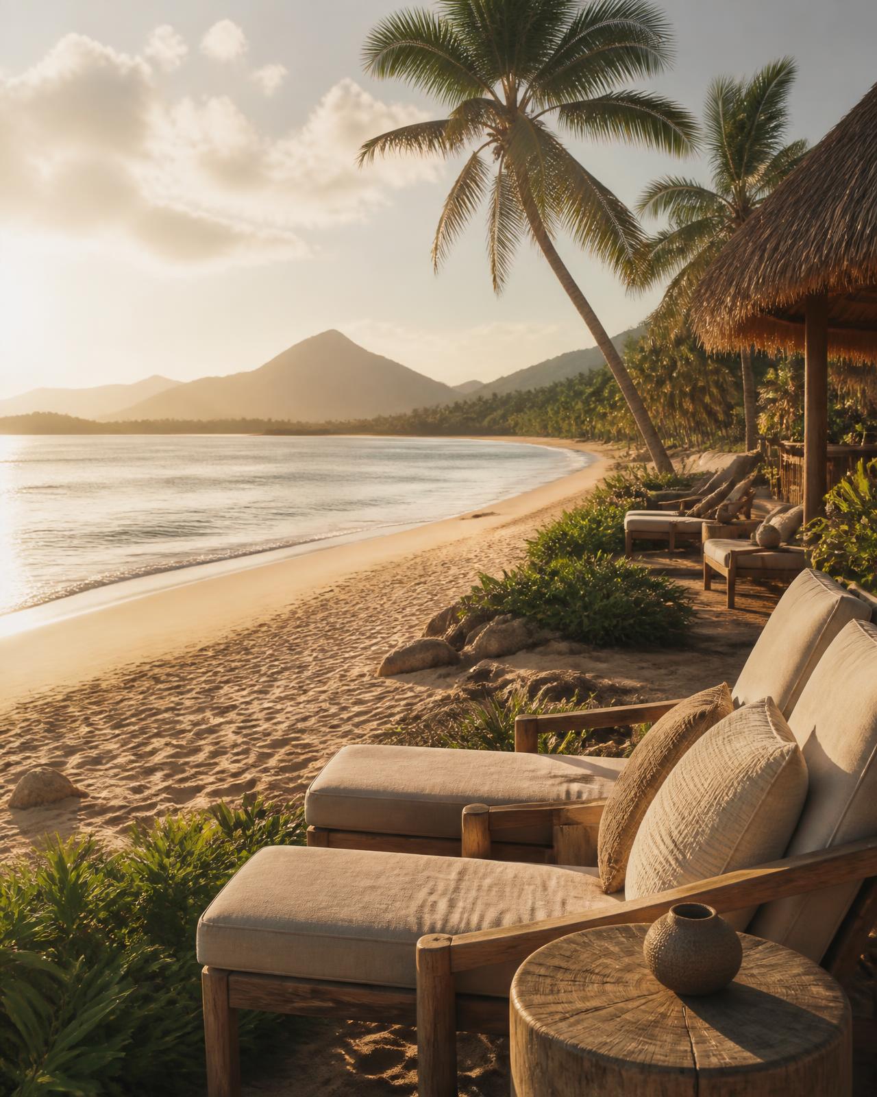 wide beachfront bay on mahé at golden hour